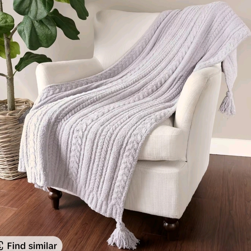 Barefoot Dreams CozyChic Cable Blanket With Tassels ~ Oyster ~ 45x60